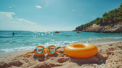 Obraz premium Bright Summer Day at Pristine Beach with Swimming Gear and Scenic Ocean View