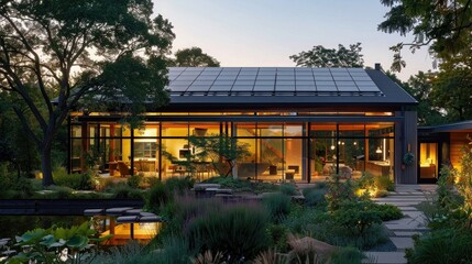 Modern eco-friendly house with solar panels and large glass walls surrounded by trees and landscaped garden at sunset.