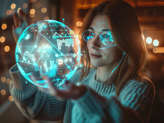 Naklejka premium a woman is touching the hologram of the connection internet of the visual globe presentation