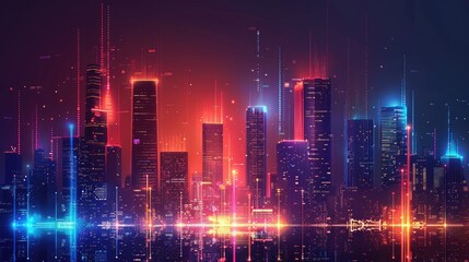 Fototapeta premium Futuristic Cityscape with Neon Lights and Digital Elements in Nighttime Urban Skyline