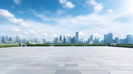 Panoramic View of Bustling Modern City Skyline with Towering Skyscrapers Under Bright Blue Cloudy Sky