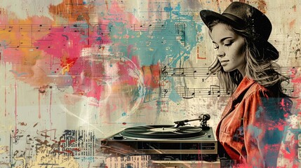 Artistic Portrait of Woman DJ with Abstract Music Notes and Splashes of Color