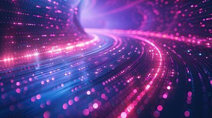 Obraz premium Abstract Neon Lights Background with Futuristic Curved Paths and Glowing Dots in Pink and Blue