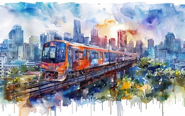 Watercolor painting of train traveling across a bridge in the city