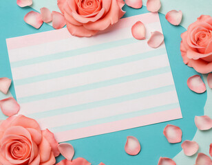 coral background with space for text and light pink rose petals, thread around a note sheet.