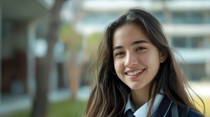 A young girl in a school uniform smiling.