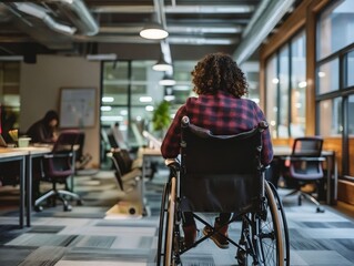 A woman in a wheelchair in an office.