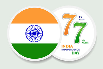 India independence day 77, august 15, label, button, badge, sticker, vector