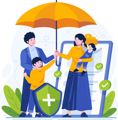 Family Life Insurance Concept Illustration. A Happy Family Standing Under an Umbrella Together Protected by Insurance