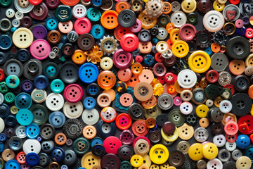 Fototapeta premium A densely packed collection of buttons in various shapes, sizes, and colors, covering the entire frame. The buttons range from simple round ones to ornate designs, with hues spanning the rainbow.