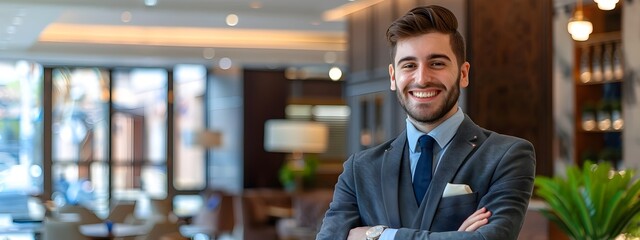 Confident Young Hotel Manager Welcoming Guests with Warm Smile in Lobby