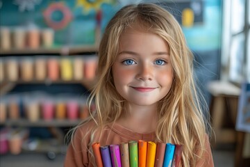 A little girl holding a bunch of colored crayons. - Powered by Adobe