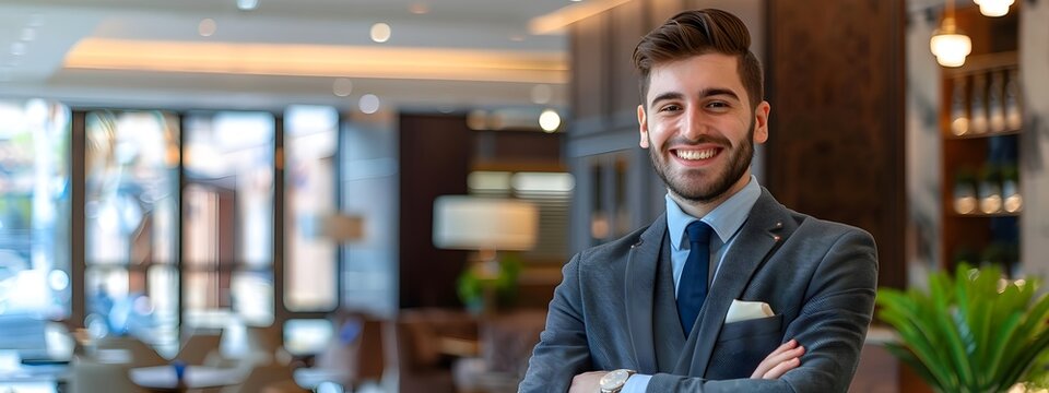 Confident Young Hotel Manager Welcoming Guests with Warm Smile in Lobby