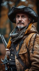 Obraz premium A man in a leather jacket and hat.