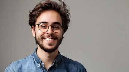 Obraz premium Confident Young Man Smiling in Casual Pose on Gray Background
