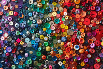 A densely packed collection of buttons in various shapes, sizes, and colors, covering the entire frame. The buttons range from simple round ones to ornate designs, with hues spanning the rainbow.