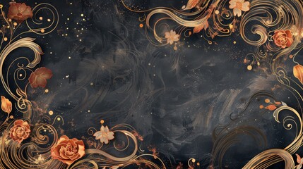 Abstract floral design with swirling gold vines and orange flowers on a dark blue background.