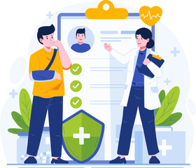 A Female Doctor Explains List Insurance Coverage on a Huge Clipboard to an Injured Man With a Hand Bandage. Health Insurance Concept Illustration