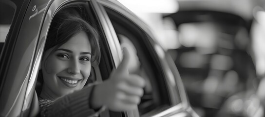 A woman in a car giving the thumbs up.