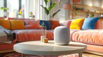 Modern smart speaker on a coffee table in a bright and colorful living room setup with a cozy atmosphere.