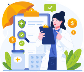 Medical Insurance Concept Illustration. A Female Doctor Holding a Clipboard Explains a Health Insurance Policy