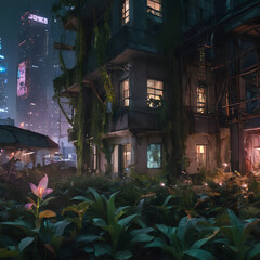 nighttime scene of a city with a building and a flower