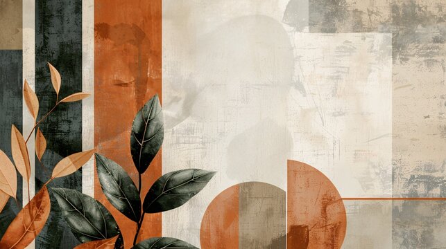 Geometric Introspection: Copper and Rustic Verdant Foliage Against a Subdued Earthy Background for Invitation with Space for Writing, Warm and Inviting Feel with Muted Autumnal Color Scheme, Metallic