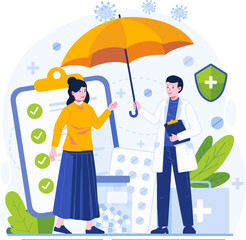 Health Medical and Life Insurance Concept Illustration. A Male Doctor Holding an Umbrella Protects a Female Patient