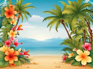 summer vibes, cool and holiday mode, with palm trees and ocean vibes, background design