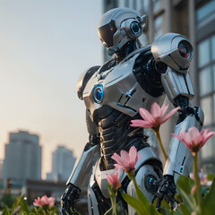 a robot that is standing in the grass with flowers