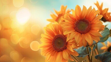 Fototapeta premium Geometric Introspection: Copper and Radiant Sunflowers Against a Golden Sunset Sky Background for Invitation with Space for Writing, Cheerful and Bright Feel with Warm Sun-kissed Color Scheme,