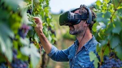 A farmer using virtual reality technology to remotely view and interact with their vineyard thanks to the data and imagery collected by the IoT system.