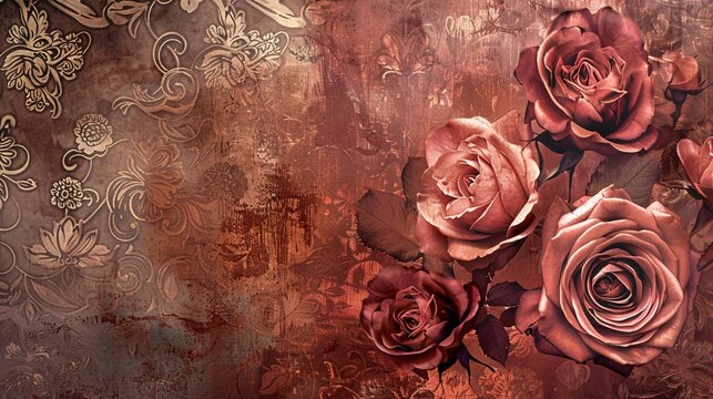 Geometric Introspection: Copper and Regal Roses Against a Vintage Floral Wallpaper Background for Invitation with Space for Writing, Timeless and Romantic Feel with Vintage Floral Color Scheme,