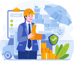 Marine Insurance Illustration. A Male Insurance Agent Holding a Clipboard With an Insurance Policy in Front of Ship Cargo Truck Container