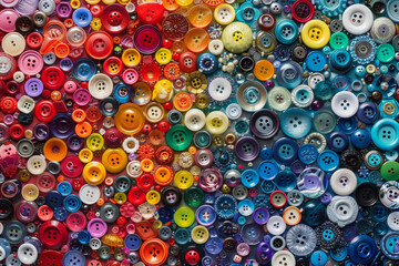 A densely packed collection of buttons in various shapes, sizes, and colors, covering the entire frame. The buttons range from simple round ones to ornate designs, with hues spanning the rainbow.