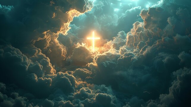 A radiant cross emerging from the clouds, bathed in heavenly light, representing hope and spiritual enlightenment in a serene sky.