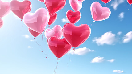 Heart-shaped balloons floating in the sky with clouds. Outdoor photography. Valentine's Day and romance concept. Design for poster, print, and greeting card.