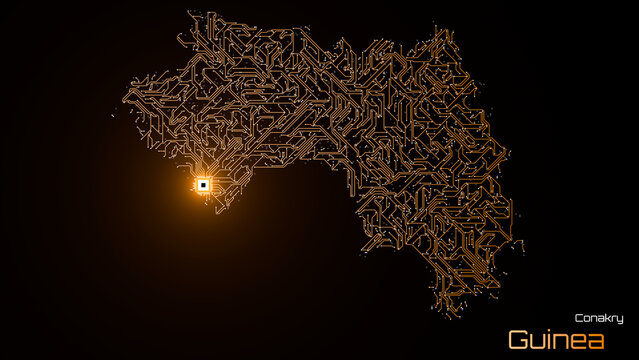 Guinea, with its capital city of Conakry, is represented as a microchip with a central processing unit. A technological representation of the country's outline. Dark background.