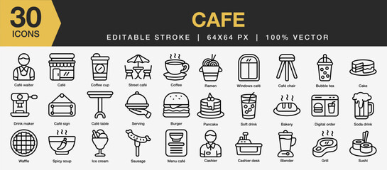 Set of 30 Cafe icon set. Editable Stroke Icon Collection. Includes waiter, coffee, cashier, drink maker and More. Outline icons vector collection.