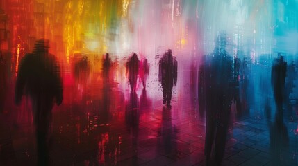 Fototapeta premium Abstract colorful silhouettes of people walking in a blurred cityscape, creating a mysterious and vibrant urban environment.