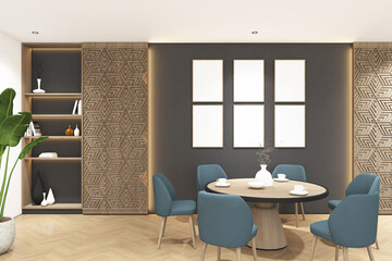 3d render of scandinavian dining room dark gray wall mock up with opened shelves and round table. Wood parquet floor and white flat ceiling. Set 5