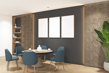 3d render of scandinavian dining room dark gray wall mock up with opened shelves and round table. Wood parquet floor and white flat ceiling. Set 6