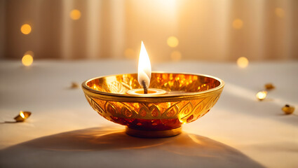 A glowing diya lamp surrounded by a halo of twinkling bokeh lights