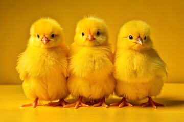 Three baby chicks standing on a yellow background