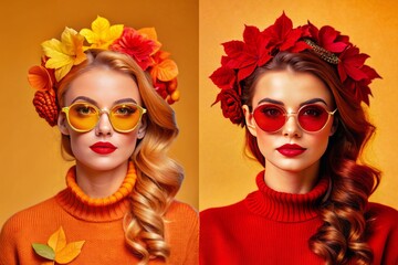 Two women wearing red sweaters and yellow sunglasses