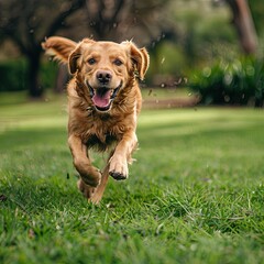 A lively dog is captured dashing towards the camera across a lush green lawn. The dog's expression reveals a sense of excitement and exuberance.