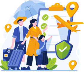 A Happy Family Gets Travel Insurance Coverage. Travel Insurance Concept Illustration