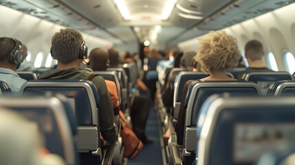 Obraz premium A 3D render of an airplane interior with passengers disembarking after a flight