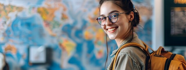Confident Young Travel Agent Enthusiastically Assisting with Global and Adventure