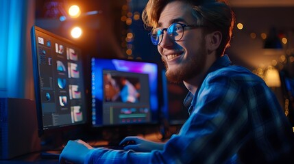 Fototapeta premium Energetic Young Computer Animator Working Enthusiastically at Workstation